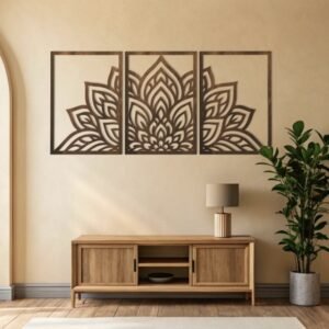 Tranh Decor Phòng Khách Mandala Gỗ – Bộ 3 Tấm