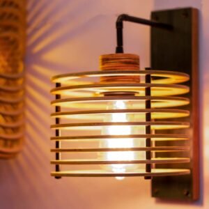 Đèn Gỗ Treo Tường Trang Trí Đẹp - Đèn Gỗ Nan Tròn.