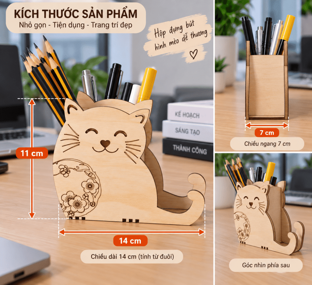 Kích thước hộp bút để bàn đẹp hình chú mèo