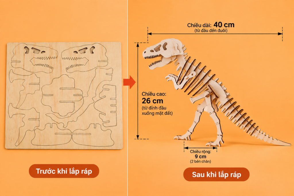 Mô hình khủng long T-Rex trước và sau khi lắp ráp